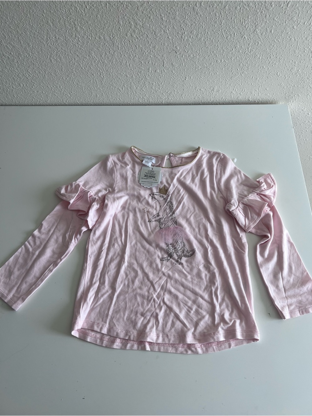 Mud Pie Light Pink Long Sleeve Ruffle Top with seal